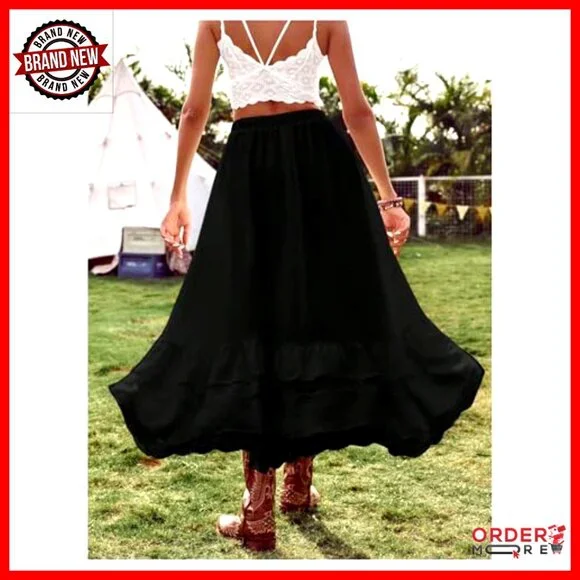 Boho Maxi Skirt High Low Asymmetrical Lace Ruffle Hem Flowy Western Style
